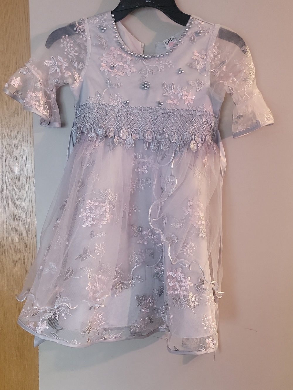 Girls' Gray Floral Embroidered Party Dress